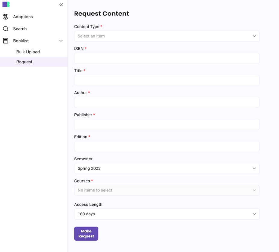 Screenshot of the request form for new content.