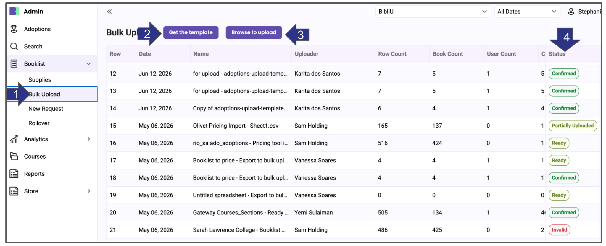 Screenshot showing the key elements of the bulk adoption tab