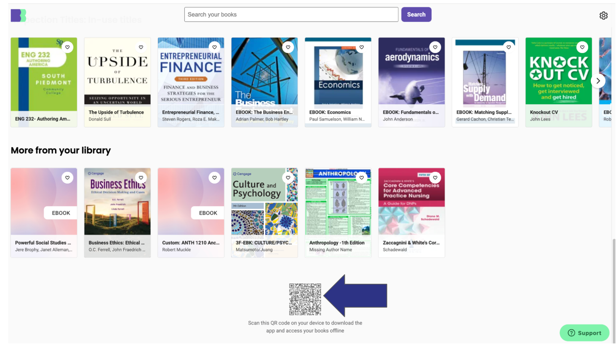 Screenshot of the BibliU Library with the QR code at the bottom