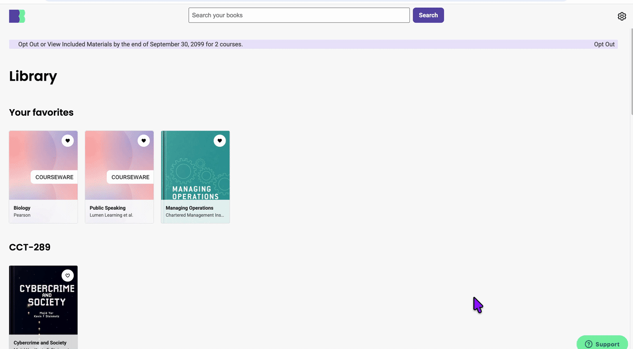 Screenshot of the BibliU Library with the Opt Out banner at the top